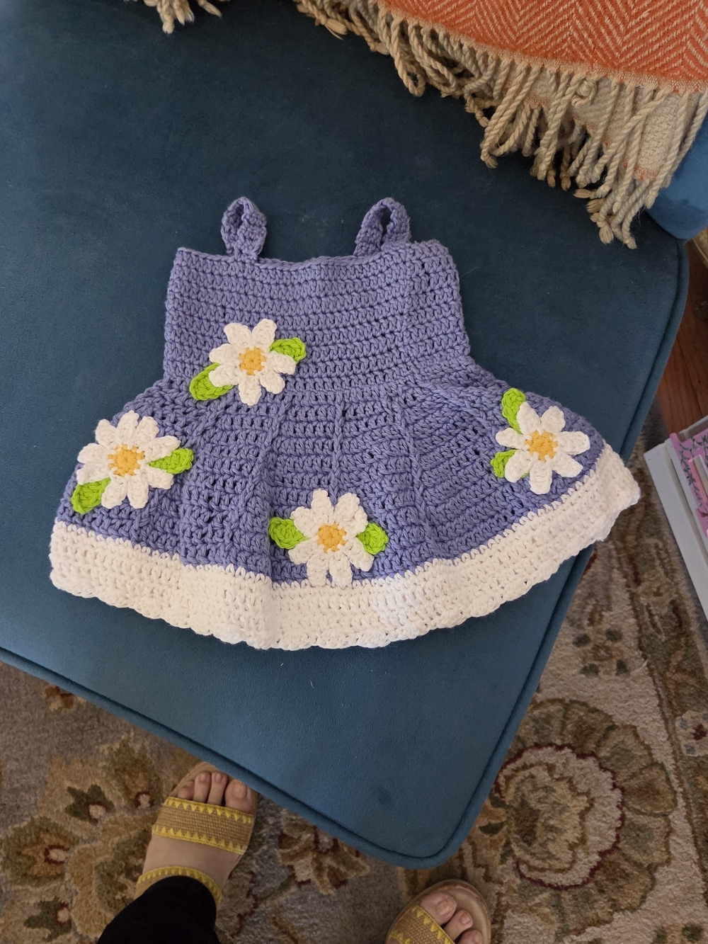 Handmade Lilac Crochet Daisy Dress with White Trim